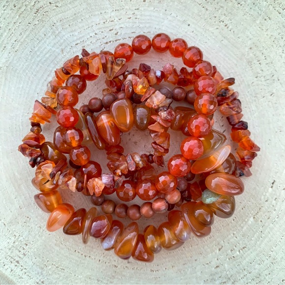 Natural Dark Orange Carnelian & Fire Agate Gemstone Mixed Bead Bracelet Stack - Picture 5 of 14